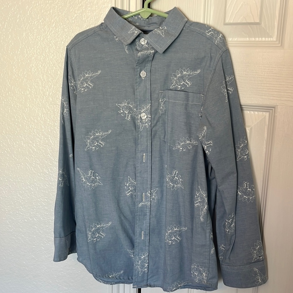 Youth blue and white button down shirt with animal print